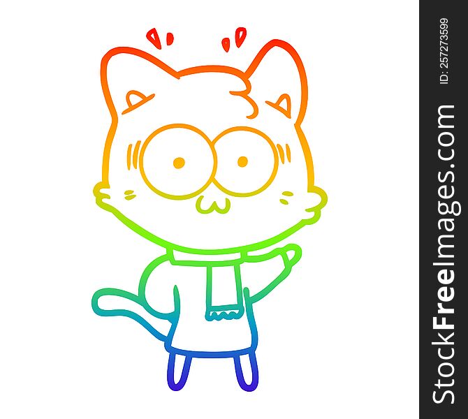 rainbow gradient line drawing cartoon surprised cat wearing rainbow winter clothes