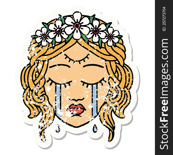 distressed sticker tattoo in traditional style of female face with third eye and crown of flowers cyring. distressed sticker tattoo in traditional style of female face with third eye and crown of flowers cyring