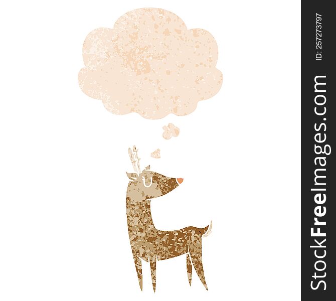 cartoon deer with thought bubble in grunge distressed retro textured style. cartoon deer with thought bubble in grunge distressed retro textured style