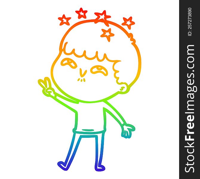 rainbow gradient line drawing of a cartoon amazed boy