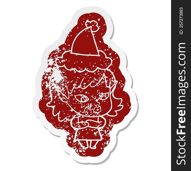 Pretty Cartoon Distressed Sticker Of A Elf Girl Wearing Santa Hat