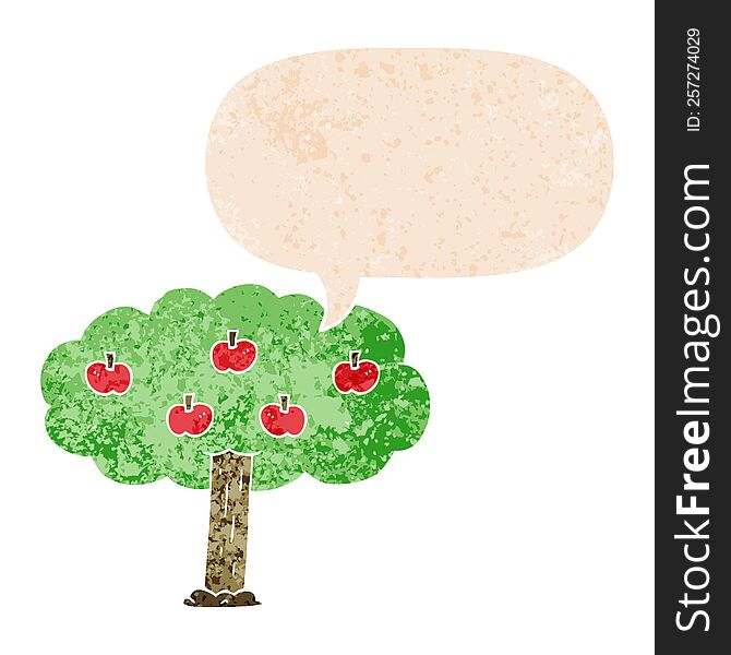 cartoon apple tree and speech bubble in retro textured style