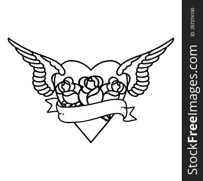 tattoo in black line style of heart with wings flowers and banner. tattoo in black line style of heart with wings flowers and banner