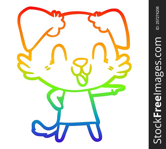 rainbow gradient line drawing of a laughing cartoon dog in dress