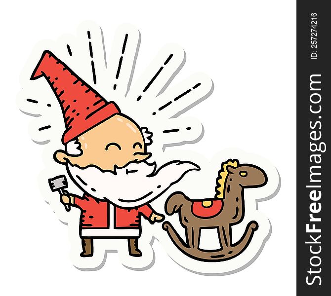 sticker of tattoo style santa claus christmas character making toy