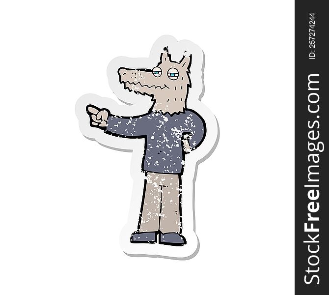 Retro Distressed Sticker Of A Cartoon Pointing Wolf Man