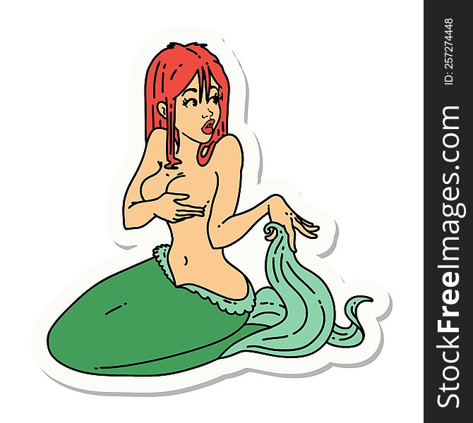 tattoo style sticker of a surprised mermaid