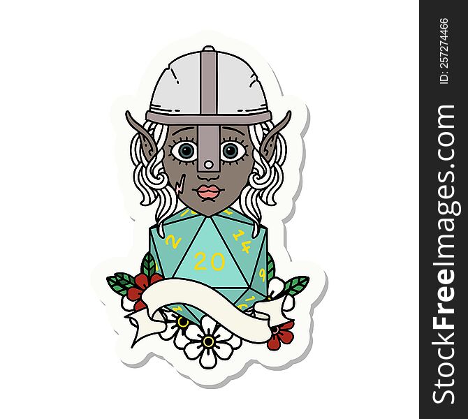 sticker of a elf fighter with natural twenty dice roll. sticker of a elf fighter with natural twenty dice roll