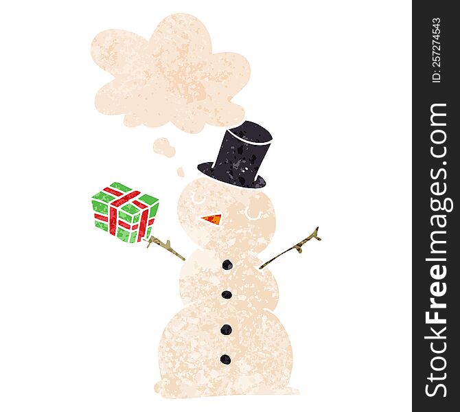 Cartoon Snowman And Thought Bubble In Retro Textured Style