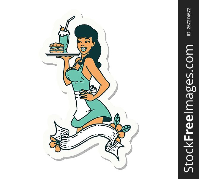 sticker of tattoo in traditional style of a pinup waitress girl with banner. sticker of tattoo in traditional style of a pinup waitress girl with banner