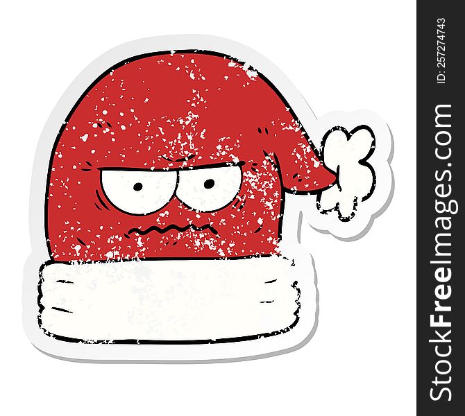 Distressed Sticker Of A Cartoon Annoyed Christmas Santa Hat