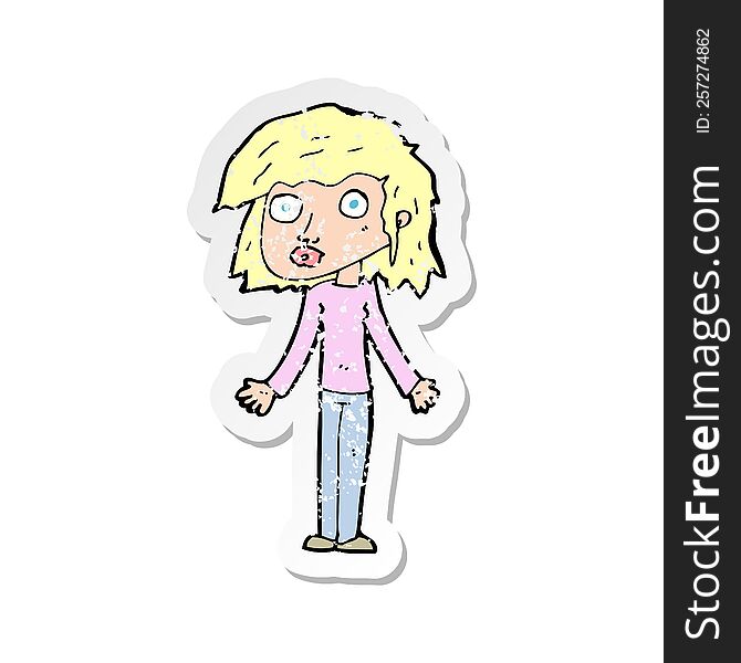 retro distressed sticker of a cartoon girl shrugging shoulders