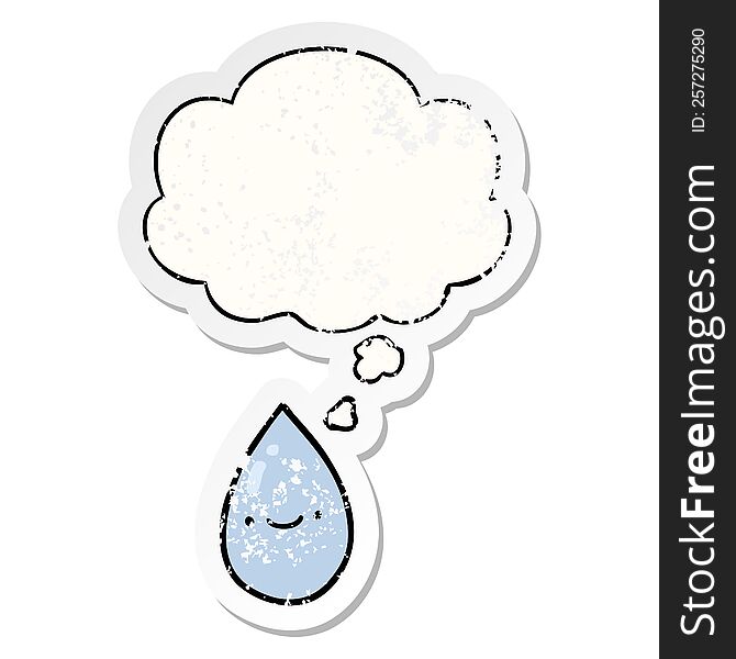 cartoon raindrop and thought bubble as a distressed worn sticker