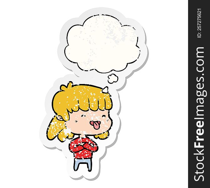 Cartoon Girl Sticking Out Tongue And Thought Bubble As A Distressed Worn Sticker