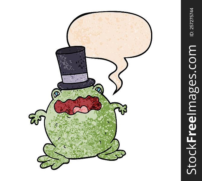 cartoon toad wearing top hat with speech bubble in retro texture style