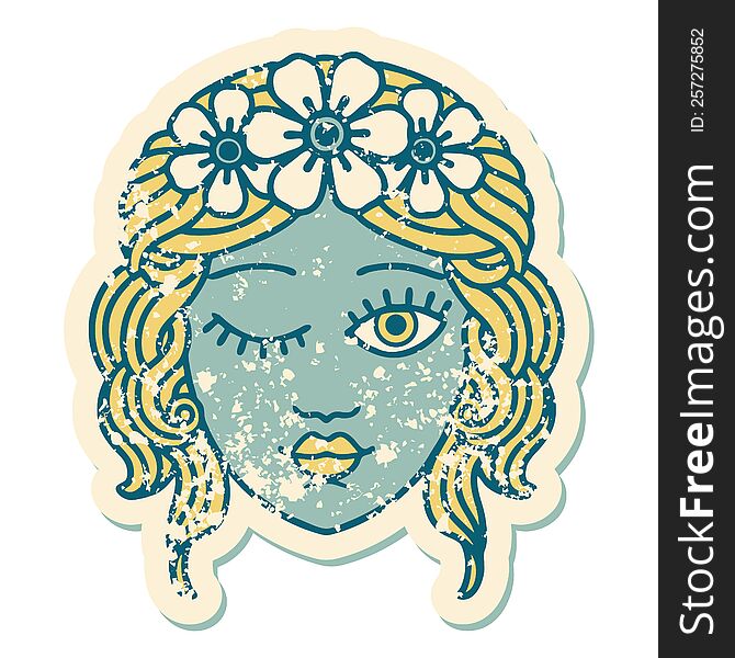 iconic distressed sticker tattoo style image of a maidens face winking. iconic distressed sticker tattoo style image of a maidens face winking