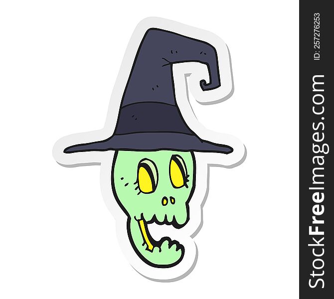 sticker of a cartoon skull wearing witch hat