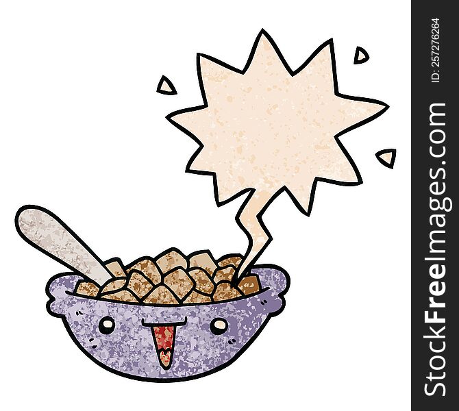 Cute Cartoon Bowl Of Cereal And Speech Bubble In Retro Texture Style