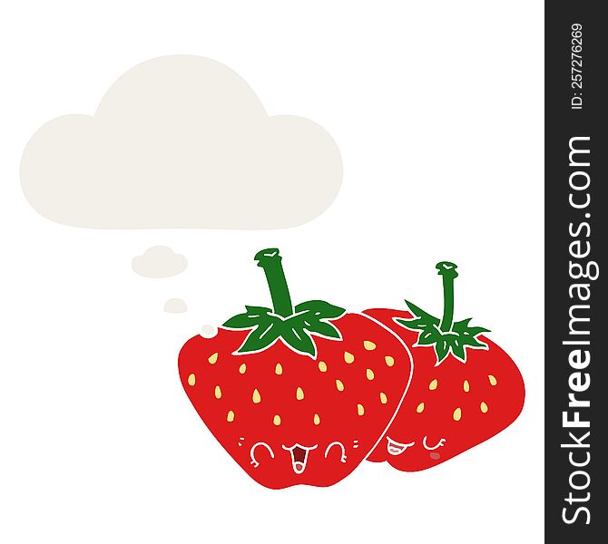 cartoon strawberries and thought bubble in retro style