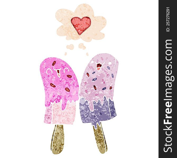 cartoon ice lolly in love with thought bubble in grunge distressed retro textured style. cartoon ice lolly in love with thought bubble in grunge distressed retro textured style