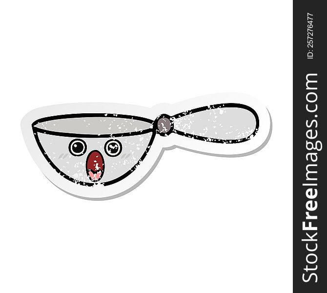 Distressed Sticker Of A Cute Cartoon Measuring Spoon