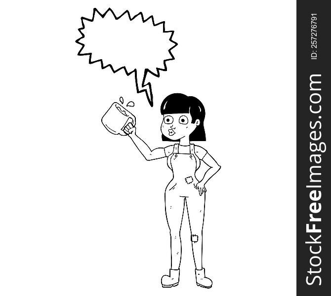 freehand drawn speech bubble cartoon female worker with coffee mug
