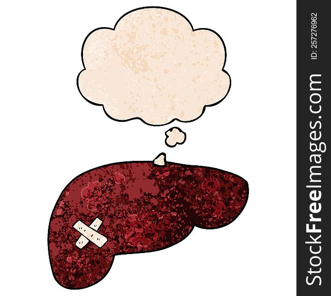 Cartoon Unhealthy Liver And Thought Bubble In Grunge Texture Pattern Style