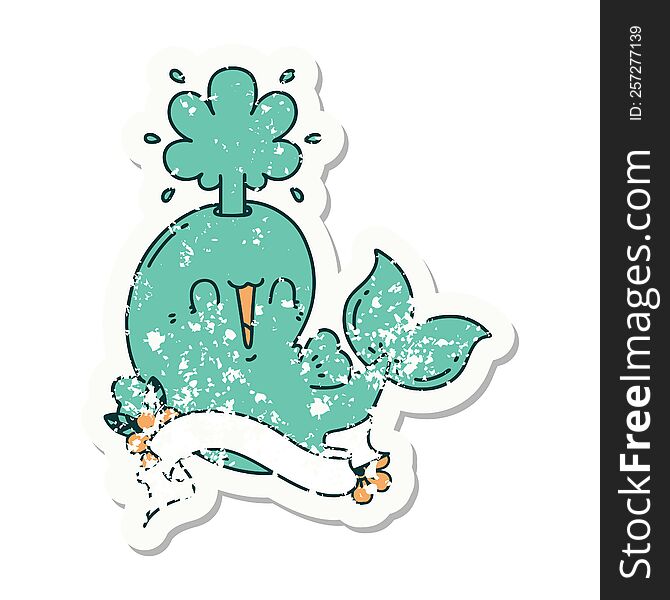 Grunge Sticker Of Tattoo Style Happy Squirting Whale Character