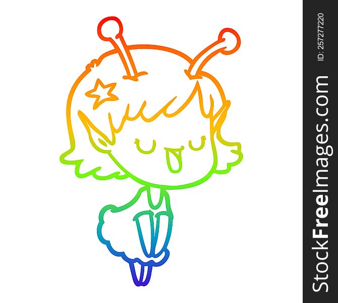 rainbow gradient line drawing of a happy alien girl cartoon