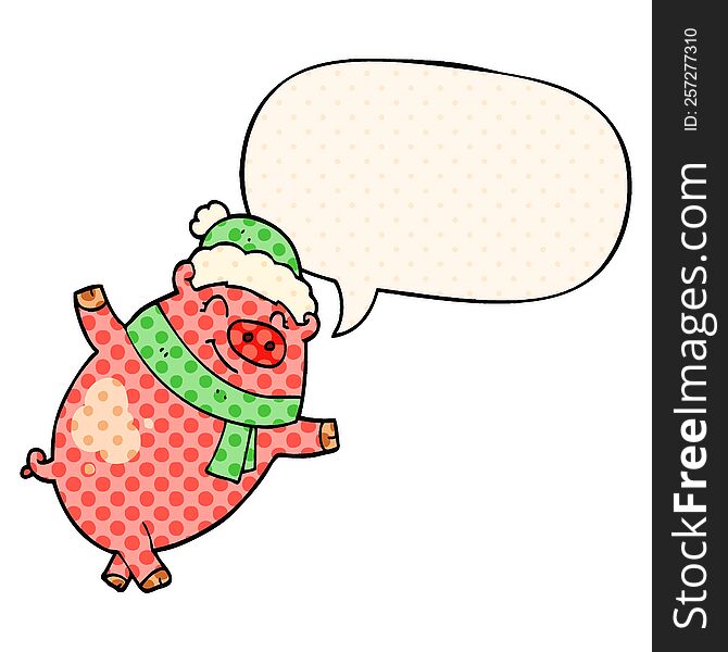 cartoon pig wearing christmas hat with speech bubble in comic book style
