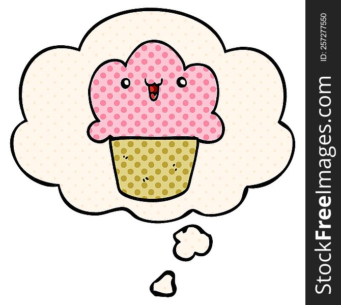 cartoon cupcake with face and thought bubble in comic book style