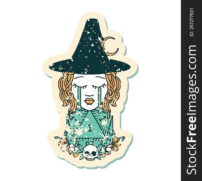 grunge sticker of a crying human witch with natural one D20 dice roll. grunge sticker of a crying human witch with natural one D20 dice roll