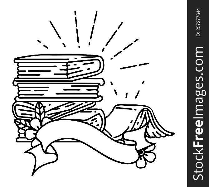 scroll banner with black line work tattoo style stack of books