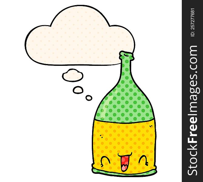 cartoon wine bottle with thought bubble in comic book style