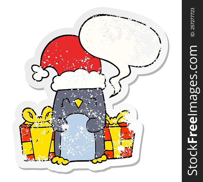 cute christmas penguin with speech bubble distressed distressed old sticker. cute christmas penguin with speech bubble distressed distressed old sticker