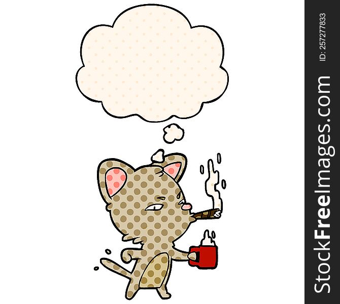 cartoon cat with coffee and cigar with thought bubble in comic book style