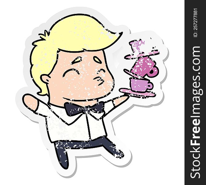 distressed sticker cartoon illustration of a kawaii cute waiter. distressed sticker cartoon illustration of a kawaii cute waiter