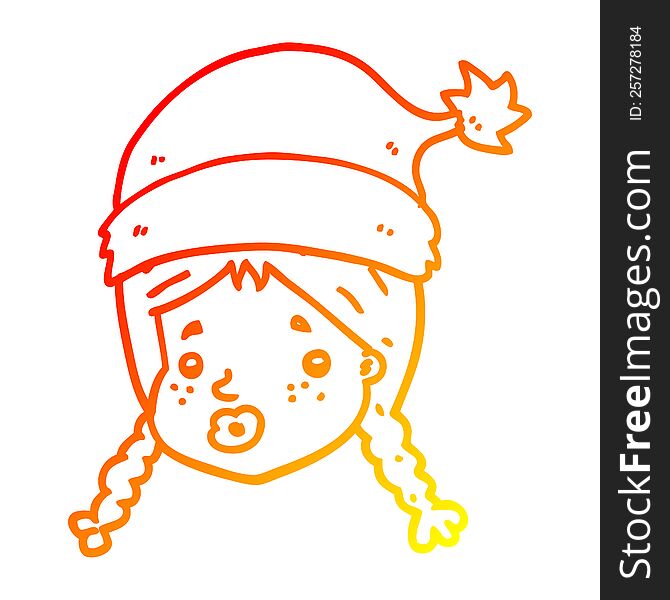 warm gradient line drawing of a cartoon girl wearing christmas hat