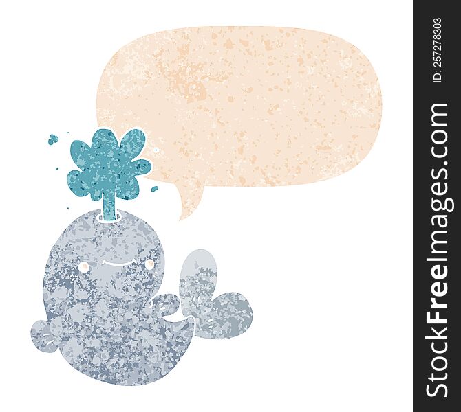 cartoon whale spouting water with speech bubble in grunge distressed retro textured style. cartoon whale spouting water with speech bubble in grunge distressed retro textured style