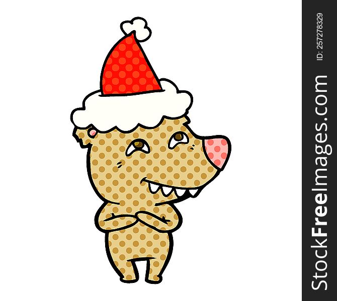 hand drawn comic book style illustration of a bear showing teeth wearing santa hat
