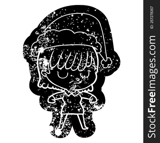 quirky cartoon distressed icon of a woman wearing santa hat