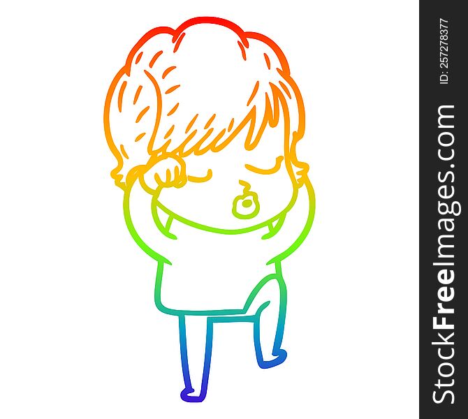 Rainbow Gradient Line Drawing Cartoon Woman With Eyes Shut