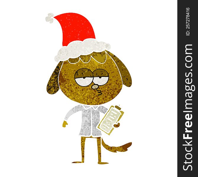 Retro Cartoon Of A Bored Dog In Office Clothes Wearing Santa Hat