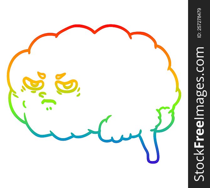 rainbow gradient line drawing of a cartoon angry brain