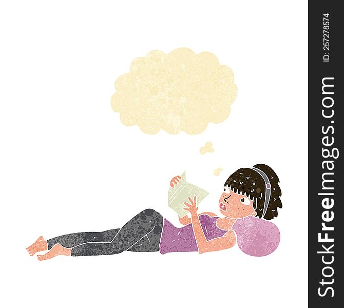 cartoon pretty woman reading book with thought bubble