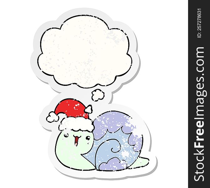 cute cartoon christmas snail with thought bubble as a distressed worn sticker