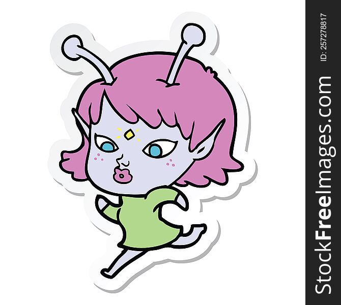 Sticker Of A Pretty Cartoon Alien Girl Running