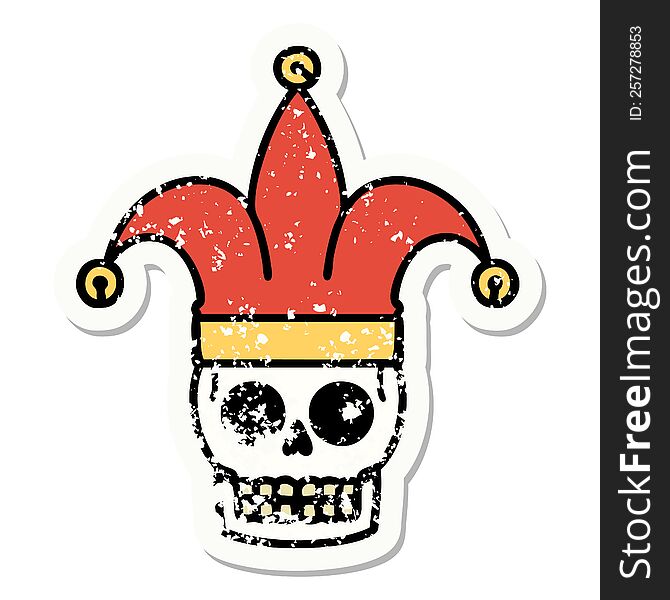 distressed sticker tattoo in traditional style of a skull jester. distressed sticker tattoo in traditional style of a skull jester