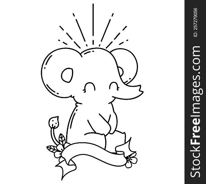 scroll banner with black line work tattoo style cute elephant