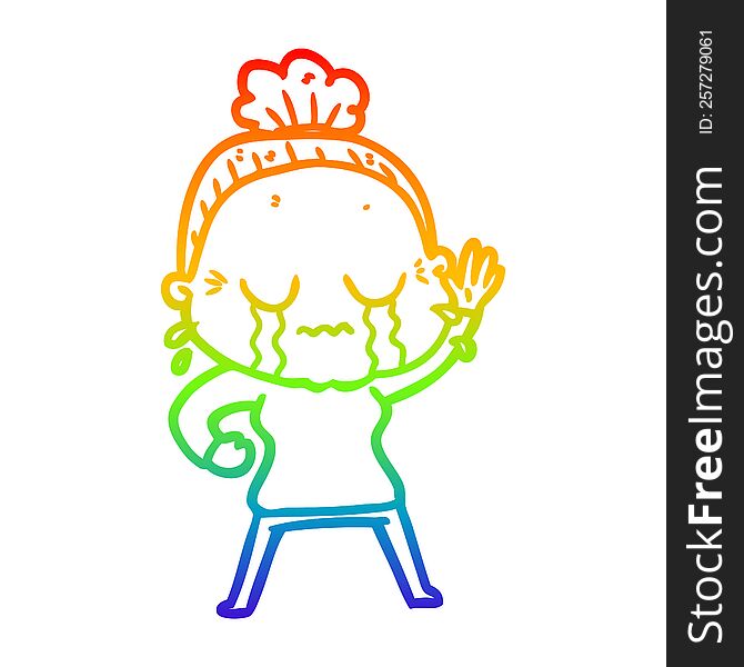 rainbow gradient line drawing of a cartoon old woman crying and waving